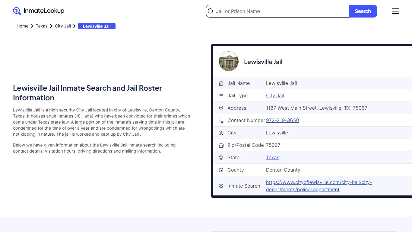 Lewisville Jail Inmate Search and Jail Roster Information - Inmate Lookup